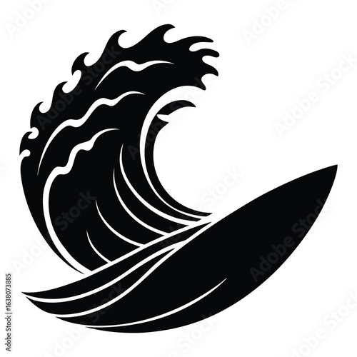 Dynamic silhouette of a surfer skillfully riding a powerful ocean wave with dramatic spray captured in a clean vector design