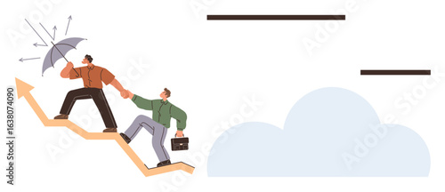 Two people on upward arrow path. Leader shields from obstacles with umbrella, guiding teammate. Ideal for leadership, teamwork, resilience, progress, challenges goal-setting support. Simple flat