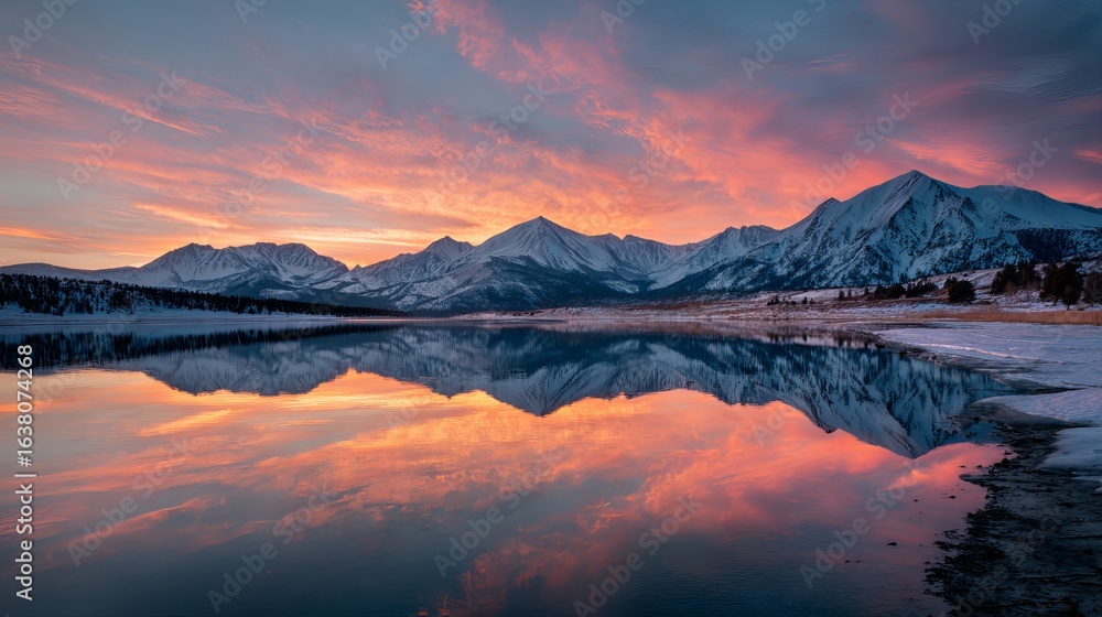 Fototapeta premium Stunning sunrise reflects on tranquil lake with snow capped mountains, perfect for travel and adventure ads