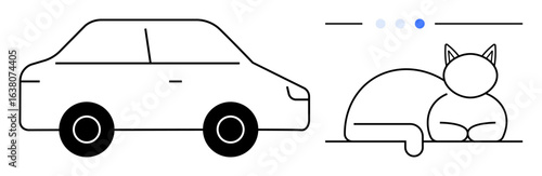 Car symbolizing transportation and a cat resting peacefully. Ideal for transport, relaxation, pets, simplicity, balance, harmony, minimalism, simple landing page