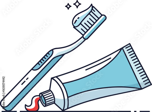 Illustration of a toothbrush with toothpaste on it, next to a tube of toothpaste with a red and white stripe.