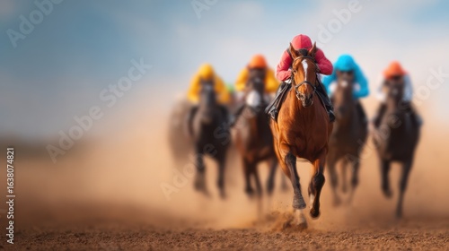 A thrilling horse race featuring a leading horse with a jockey in red, surrounded by competitors in vibrant colors against a blurred background.