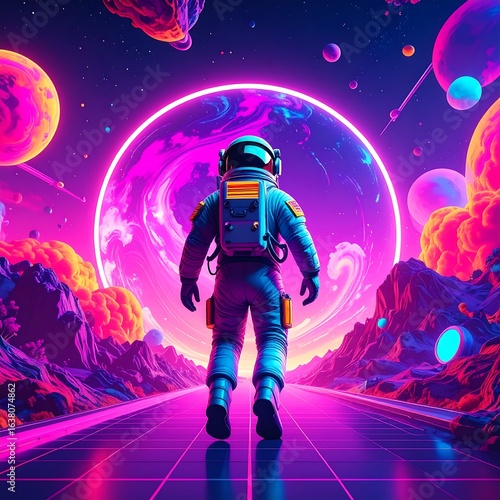 Astronaut's cosmic perspective: A retro-futuristic journey through vibrant celestial landscapes