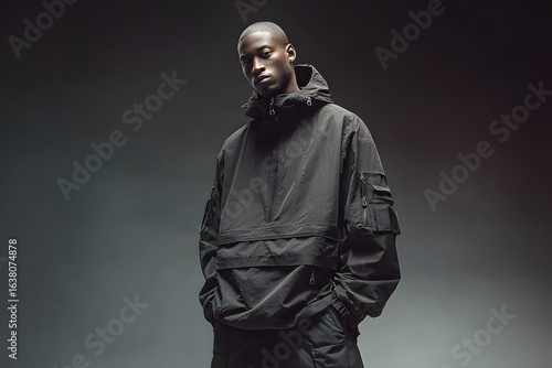 Model in studio wears sleek waterproof anorak with pockets and adjustable hood.
