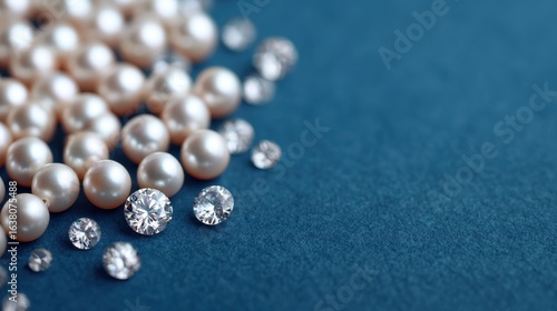 A close-up of lustrous pearls and sparkling diamonds on a textured blue surface, showcasing luxury and elegance.