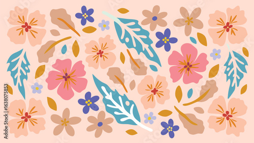 Wallpaper Mural Floral arrangement with pink and blue flowers and leaves on a light pink background design element Torontodigital.ca