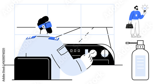 A pilot using cockpit controls with advanced gear, a man visualizing an idea, a soap dispenser. Ideal for aviation, innovation, safety measures, technology, leadership health teamwork. Simple flat