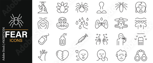 Icon collection representing different types of phobias and the emotional responses to fear.