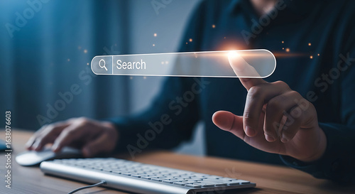 Person touching a digital search bar on a screen internet