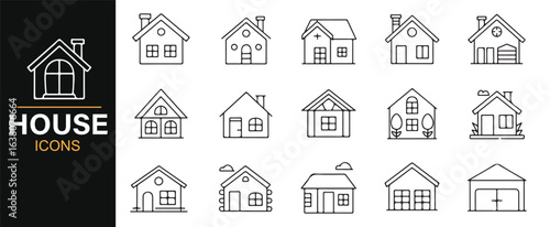 A detailed collection of house and home icons for use in architectural, real estate, and urban development projects.