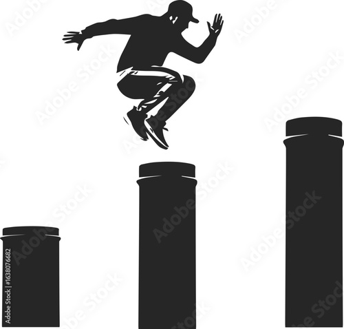 Silhouette of an athlete jumping over a gap between cylindrical pillars
