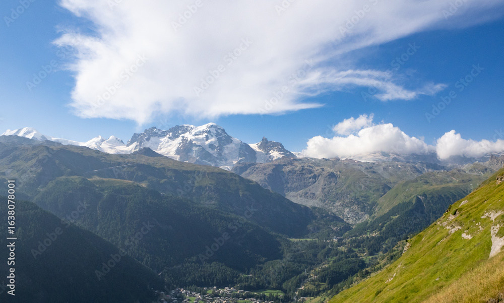 Fototapeta premium Zermatt, Switzerland - August 24th 2024: View towards Breithorn peak above 4000m