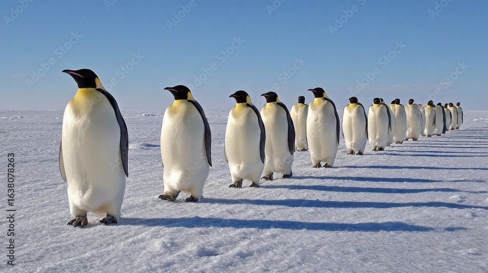 Fototapeta premium A group of emperor penguins walk in a line across the pristine snow of Snow Hill Island. The sunlight creates long shadows as these penguins move gracefully in their natural habitat.