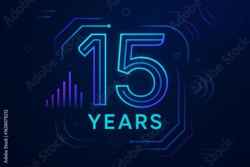 Happy birthday card to 15 years boy featuring futuristic neon-lit logo with number fifteen, blue and purple gradient lines on dark background. Concept of happy birthday card celebrating 15 years.