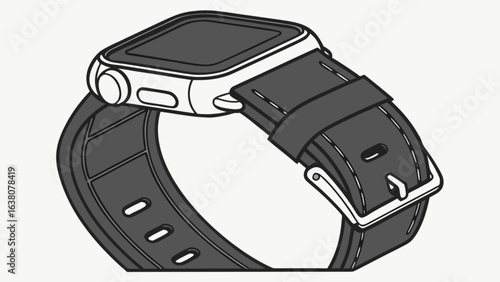 Illustration of a smartwatch with a dark band and silver buckle against a white background design style