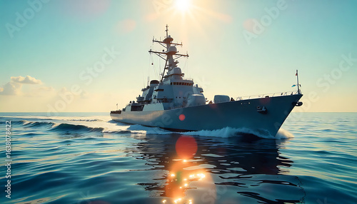 A stealthy warship slicing through bright sun glare on a clear blue sea, strong lines and sharp angles in 4K and HD.