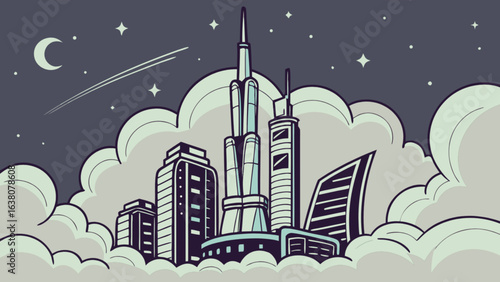 Stylized cityscape at night with moon stars and clouds around tall buildings and a shooting star in the sky