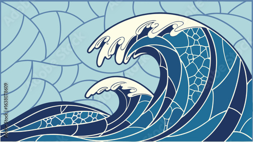 Stylized ocean waves with mosaic pattern in shades of blue and white on a light blue background