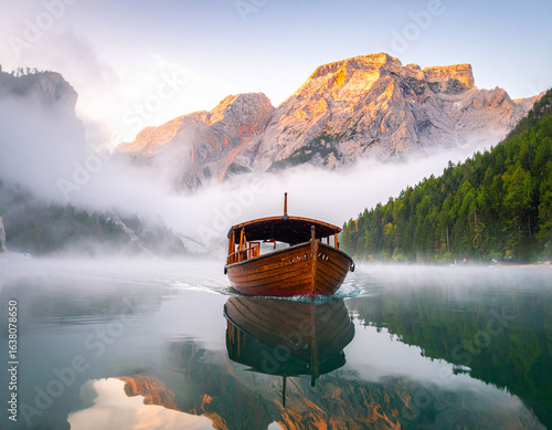Wallpaper Mural Wooden Boat on Lago di Braies with Fog and Mountain Backdrop Torontodigital.ca