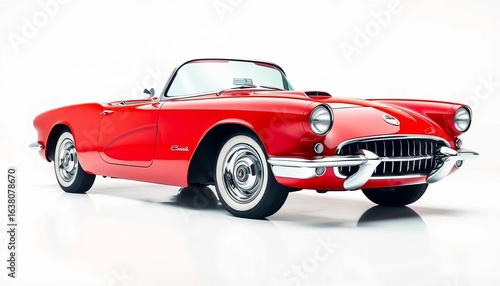 Classic red convertible, gleaming chrome, white background,  sports car,  chrome