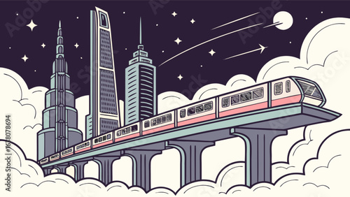 Illustration of a train on an elevated track with city skyscrapers and a night sky background scene