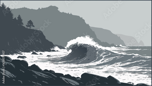 A grayscale illustration of ocean waves crashing against a rocky shore with trees and cliffs behind
