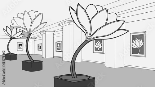 Interior view of an art gallery with flower sculptures and framed artwork on the walls displayed nicely