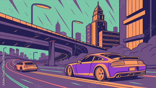 Illustration of two cars driving on a highway with city buildings and streetlights in the background