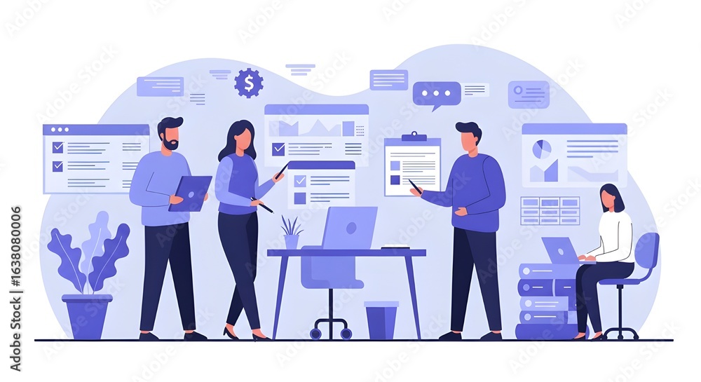 Obraz premium Professional Colleagues Engaged In A Focused Discussion Over Financial Statement Notes At A Modern Office Table, Showcasing Teamwork, Corporate Strategy, And Analytical Expertise