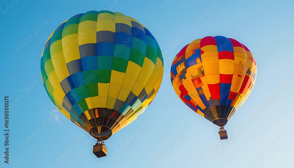 Naklejka premium Two colorful hot air balloons floating in a clear blue sky 2