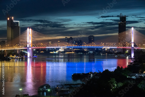 Sunset over the Riverside in Bangkok  skyscraper building of Bangkok’s downtown with skyline buildings and Chao Phraya River, It’s capital city of Thailand