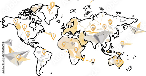 Stylized world map with location pins and paper airplanes indicating global connections and travel routes silhouette
