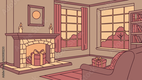 A cozy living room scene with a fireplace gifts windows and a bookshelf in a cartoon style drawing