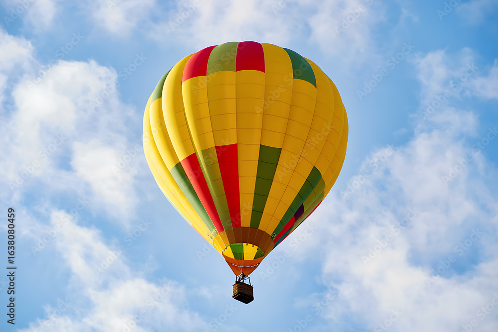 Naklejka premium Yellow hot air balloon with red and green panels soaring in blue sky