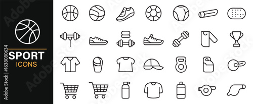 Fitness and sports icon set featuring basketball, weightlifting, and athletic apparel.