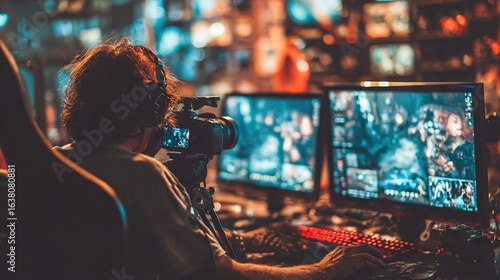 Gamer streaming live from dual-monitor setup with camera in vibrant gaming room, symbolizing esports, entertainment, and digital creativity