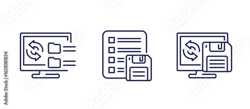 backup icons with computer and floppy disk, line design