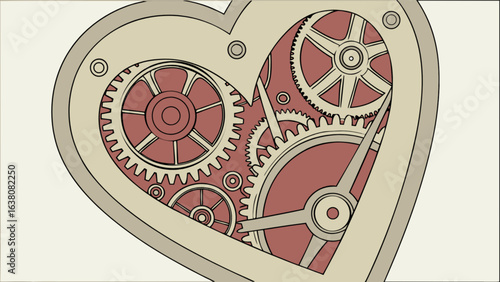 Illustration of a heart shaped mechanical device with gears and clock hands inside it in beige and red