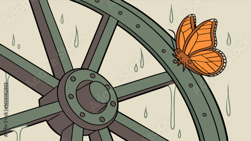 An orange butterfly rests on a gray wheel as rain falls in a cartoon style illustration scene