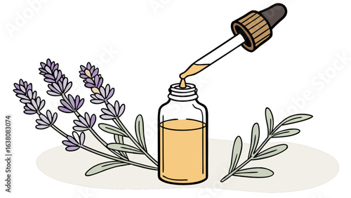 Lavender essential oil bottle with dropper and lavender sprigs for aromatherapy and wellness use