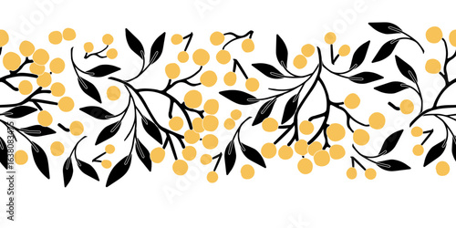 Seamless horizontal vector border with rowan branches, yellow berries, and black leaves. Perfect for fall greeting cards, Harvest Day designs, seasonal packaging, wrapping paper, and textile prints