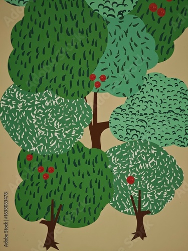 Abstract flat illustration of green trees with red fruits pattern on beige background for summer nature and environment graphic design concept.