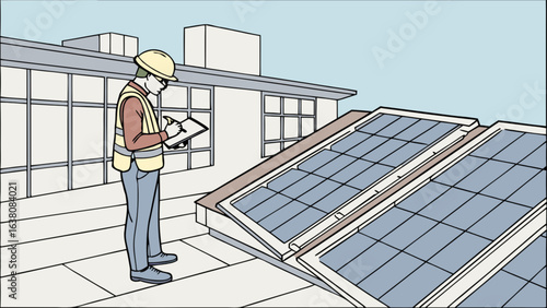 Man with hard hat and safety vest inspecting solar panels on a rooftop with clipboard and pen in hand