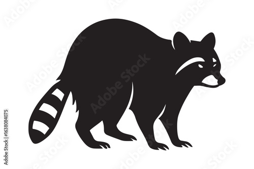 Black silhouette of a wild raccoon standing in profile. Minimalist animal vector icon with a striped tail isolated on a white background.