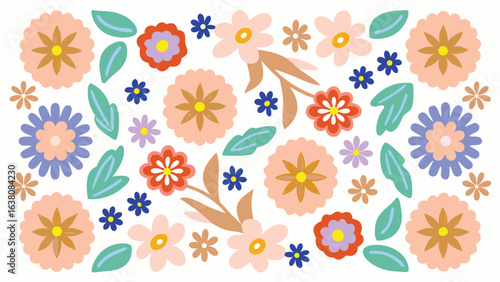 Assorted floral pattern with peach, blue, and red flowers and green leaves on a white background artful design
