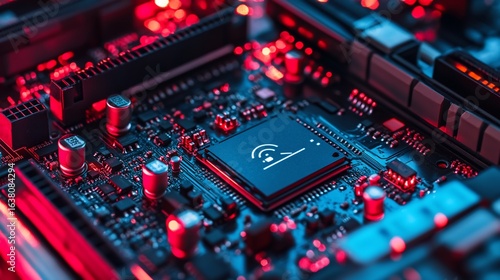High-tech digital background with hardware devices showcasing a modern motherboard design with a wifi symbol
