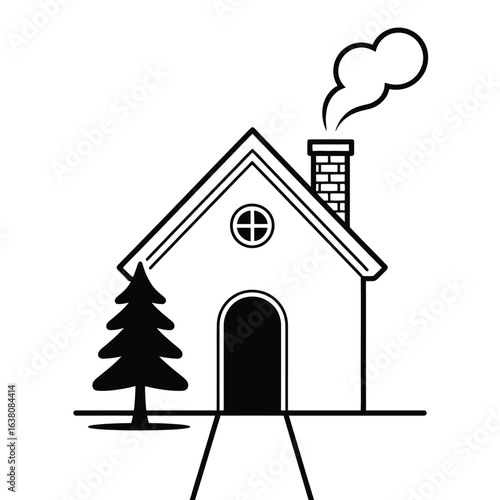 Simple line drawing of a cozy house with a tree and smoke