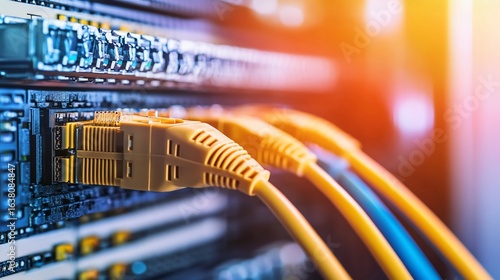 Close-up of Ethernet cables plugged into server ports in a data center with a bright light