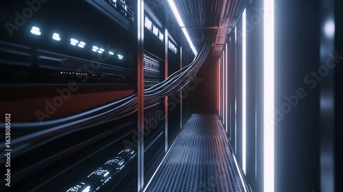 High-tech LAN cables run through a modern server room with bright white lights and dark ambiance