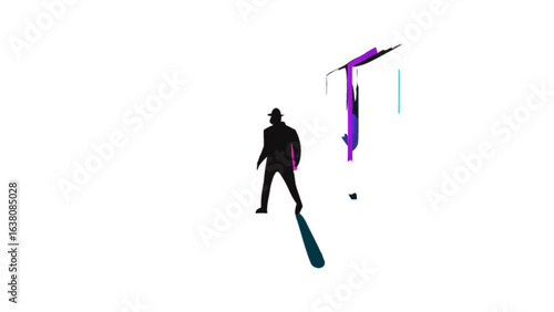 Silhouette of a man in a hat standing near abstract shapes and a long shadow cast on the ground